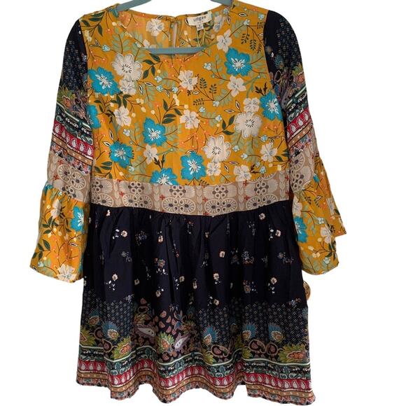 Umgee Navy Gold Mixed Print Boho Peasant Dress Small - Picture 2 of 7